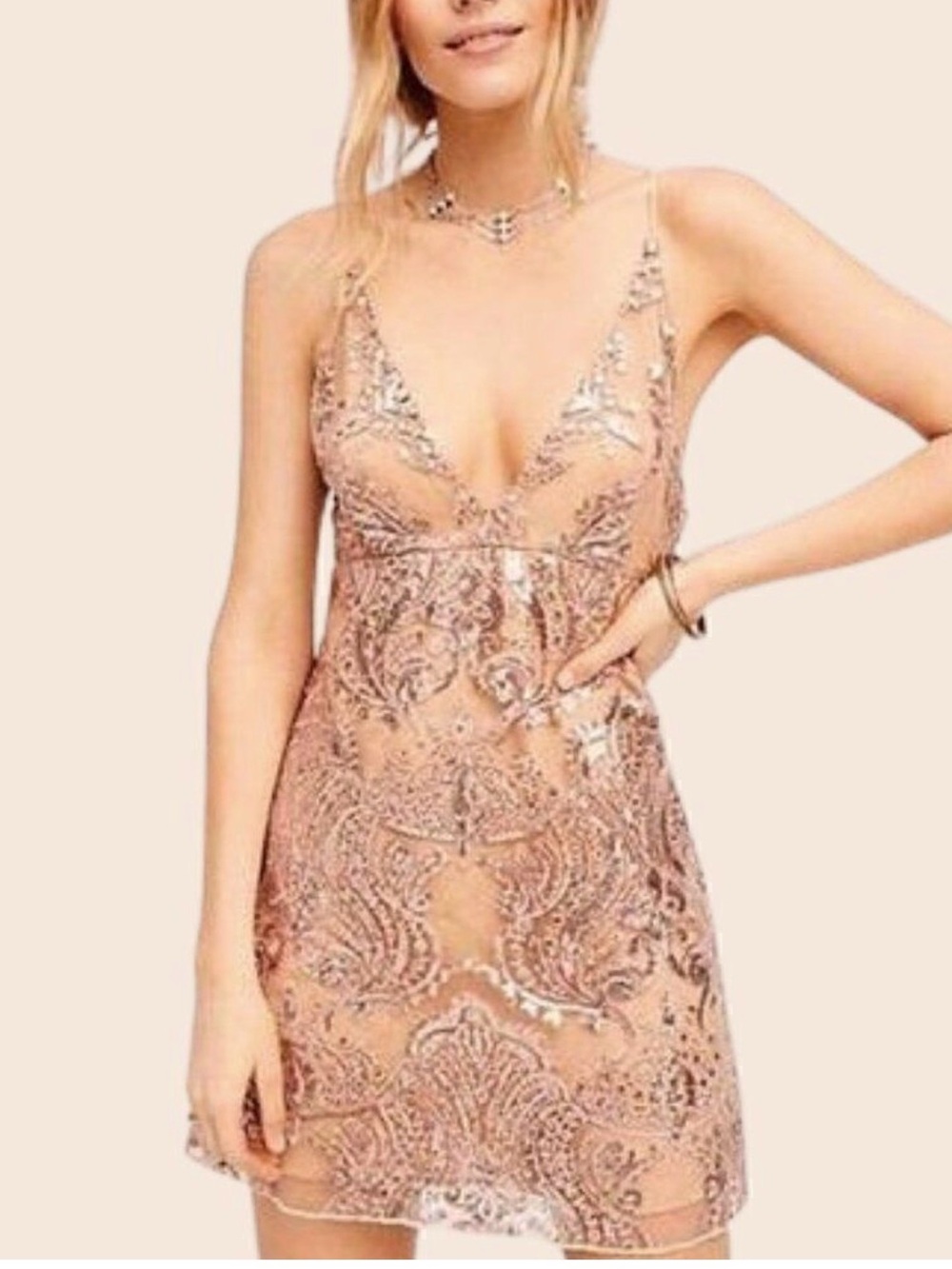 Free People Night Shimmer Rose Nude Sequin V-Neck Mini Dress